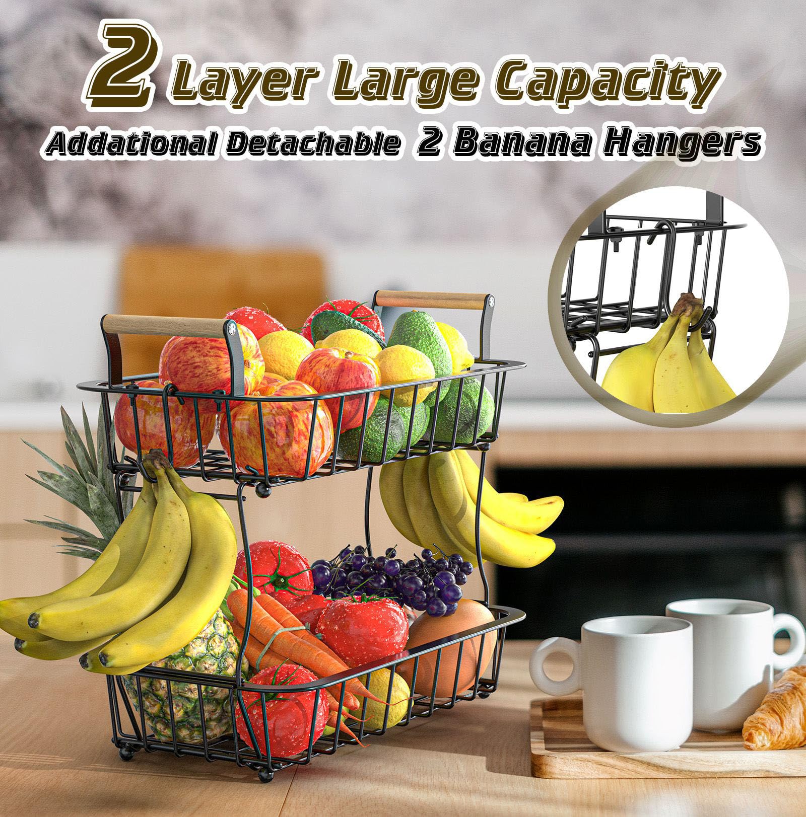 Crixny fruit basket with two levels holds bananas and other produce neatly.