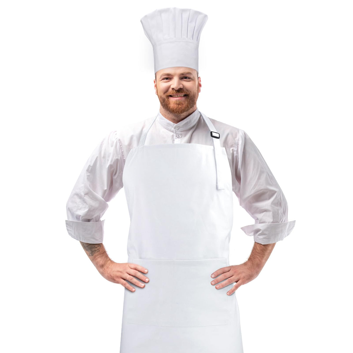 CRJHNS chef apron and hat set front view in white, durable cotton.