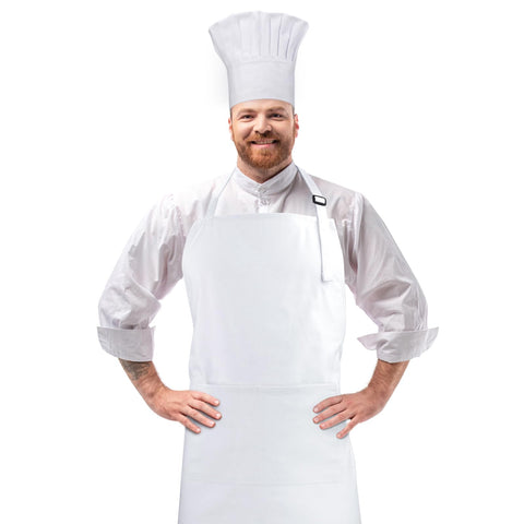 CRJHNS chef apron and hat set front view in white, durable cotton.