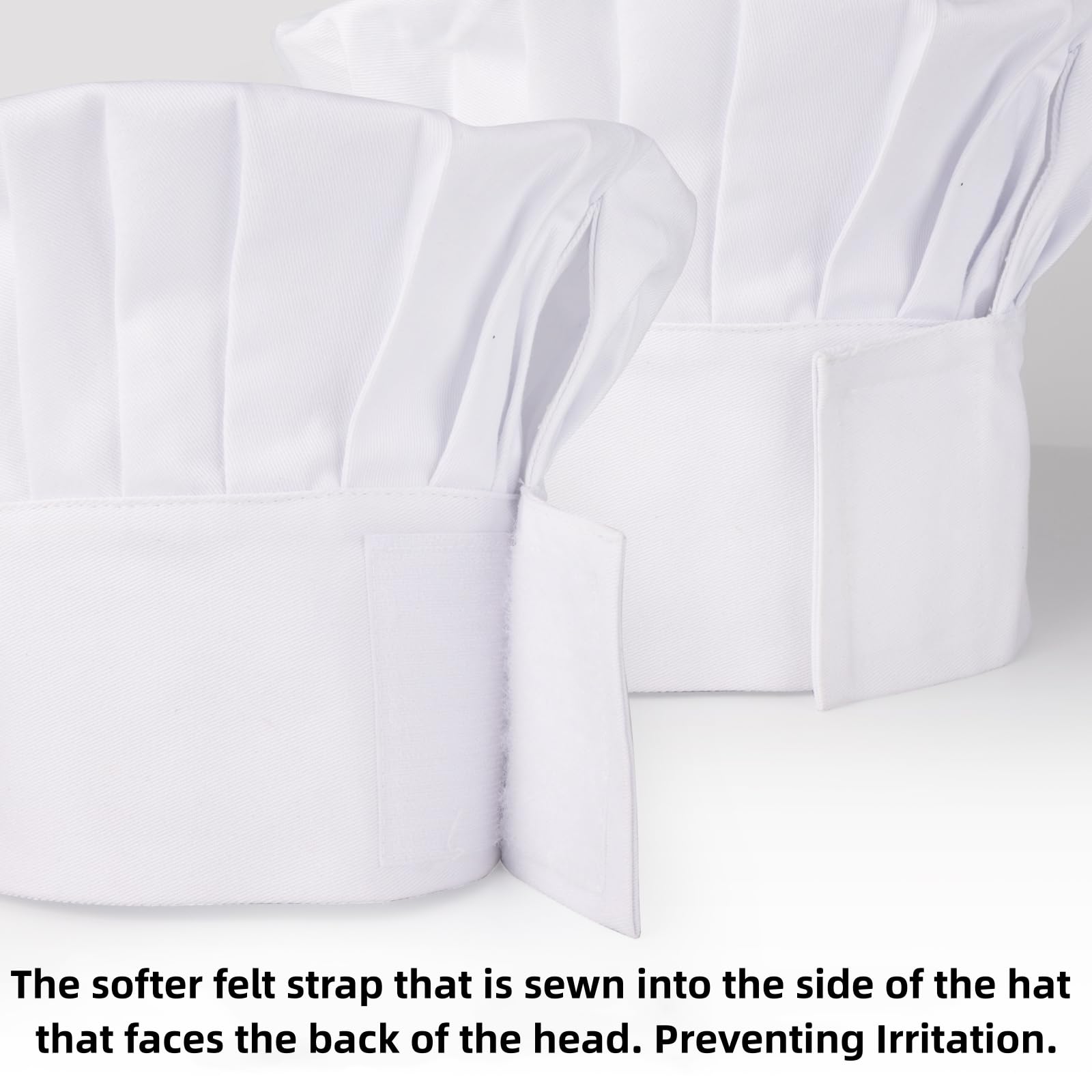 CRJHNS chef hat close-up showing hook-and-loop adjustment for secure fit.