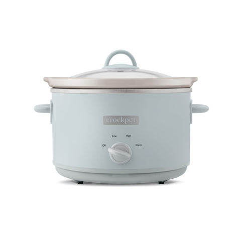 Crock-Pot Design Series Macaroon Blue front view highlights style and family meal capacity.