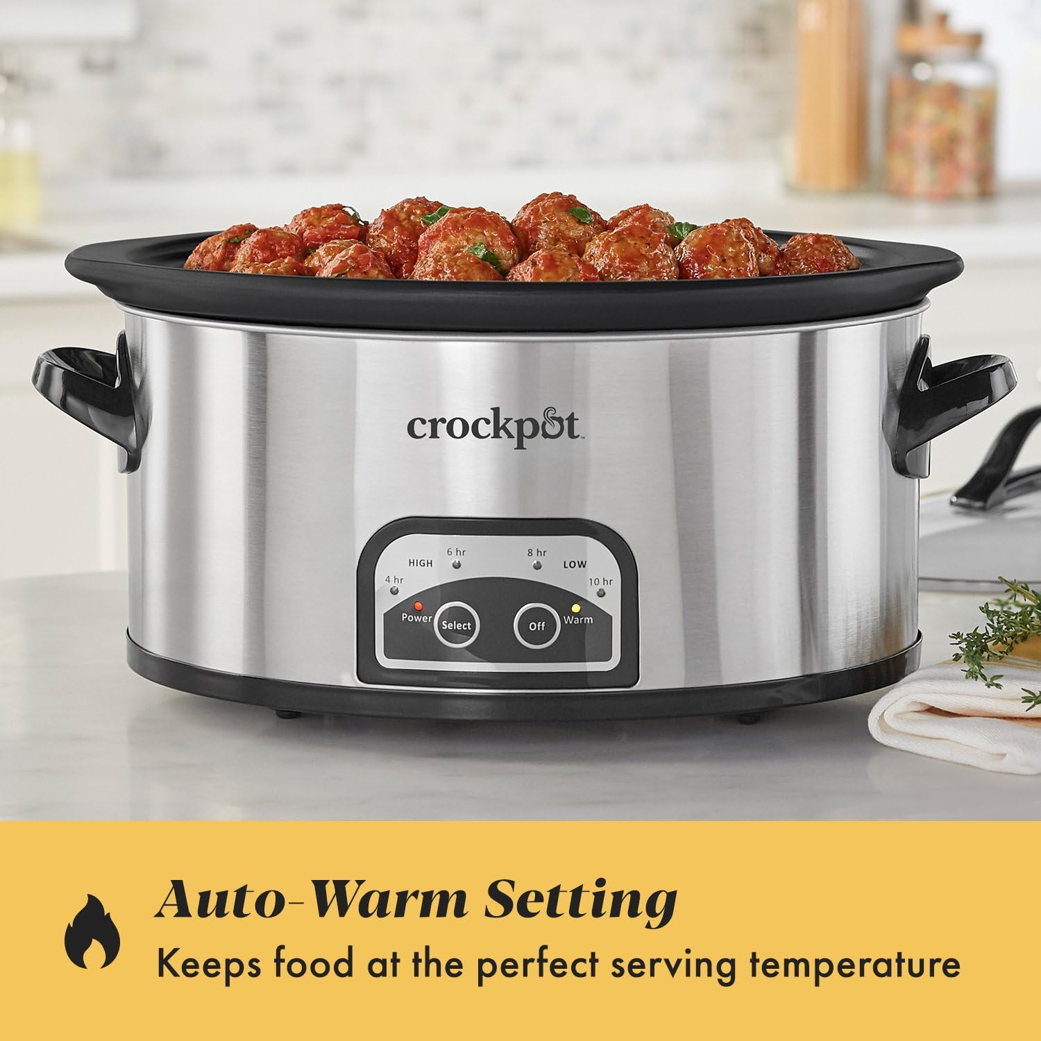 Crock-Pot glass lid emphasizes dishwasher-safe feature and heat retention.