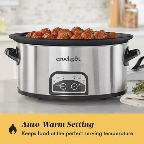 Crock-Pot glass lid emphasizes dishwasher-safe feature and heat retention.
