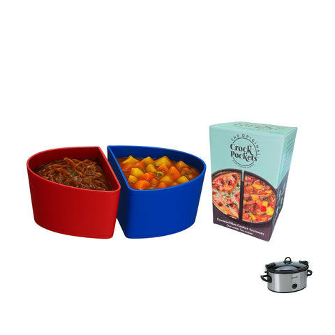 CrockPockets blue divider in a 6-quart slow cooker for two meals
