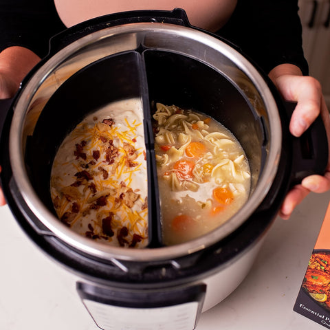 CrockPockets dual inserts show two-zone cooking for faster dinners