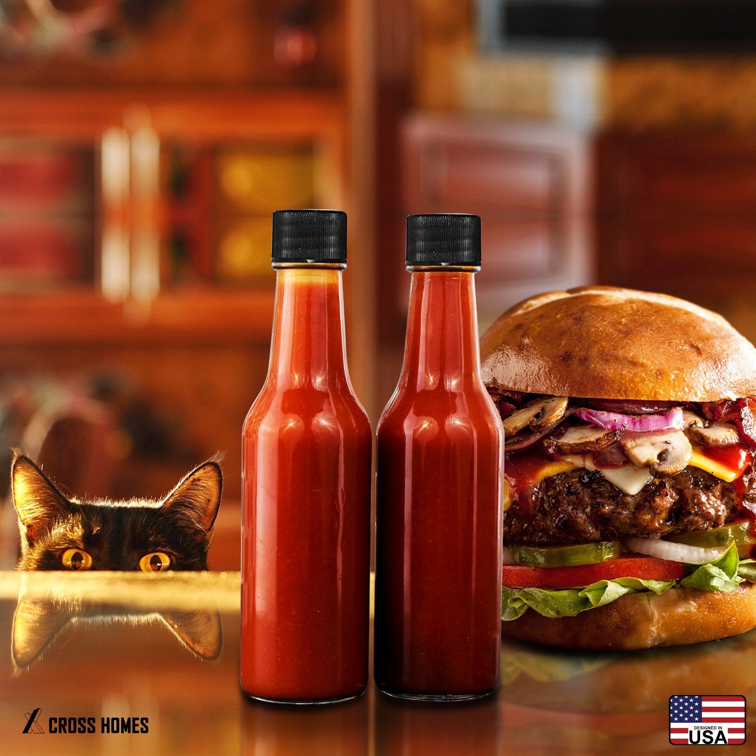 Cross versatile 5oz bottles for sauces, oils, syrups.