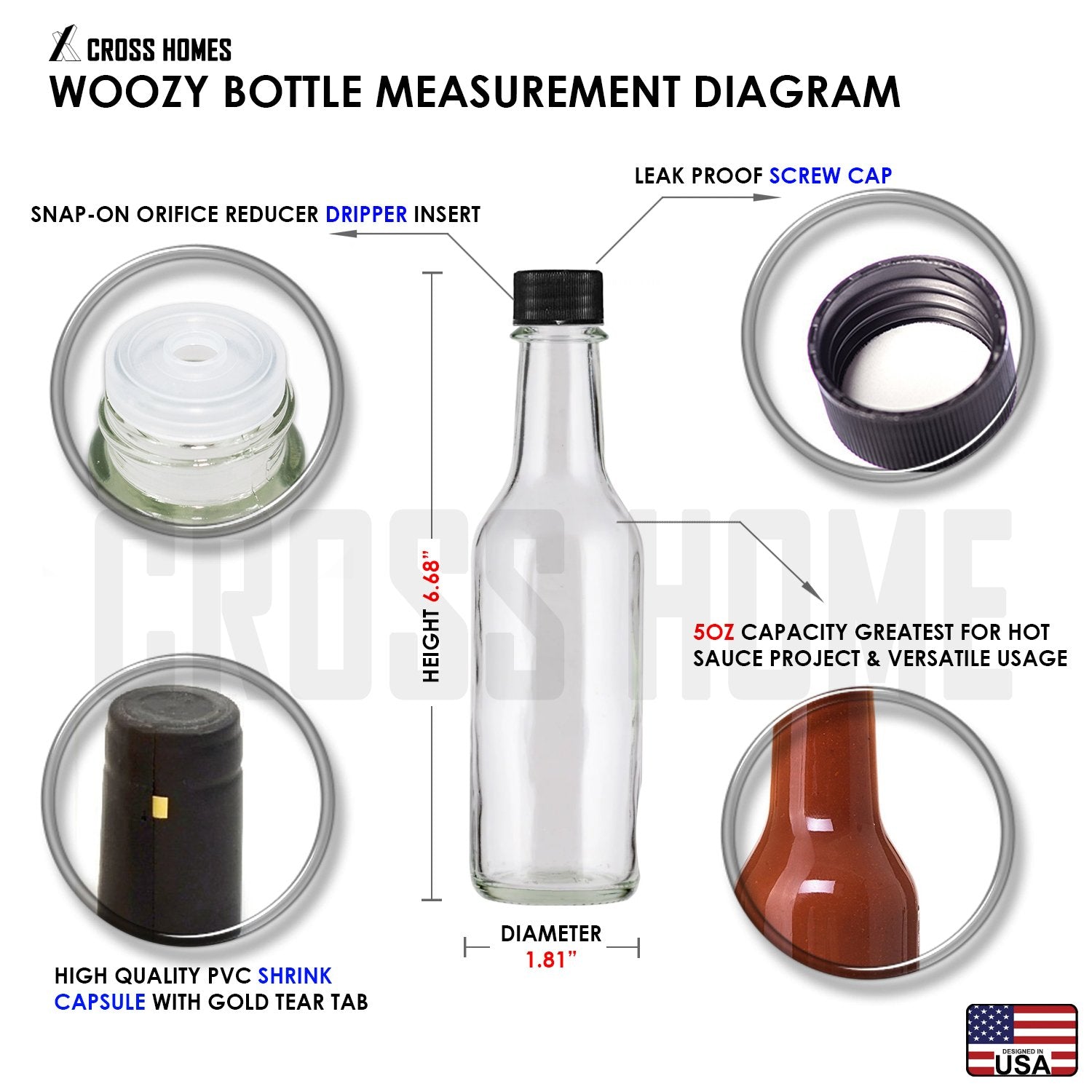 Cross woozy bottle with dripper insert for controlled dispensing.