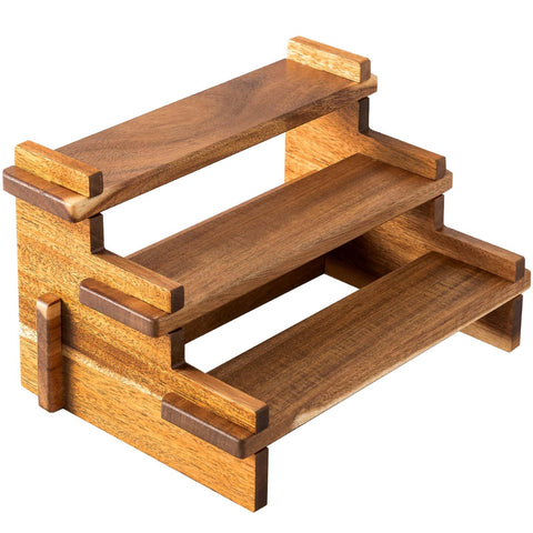 CROWNWOW acacia wood 3-tier spice rack display organizes spices neatly inside cabinets.