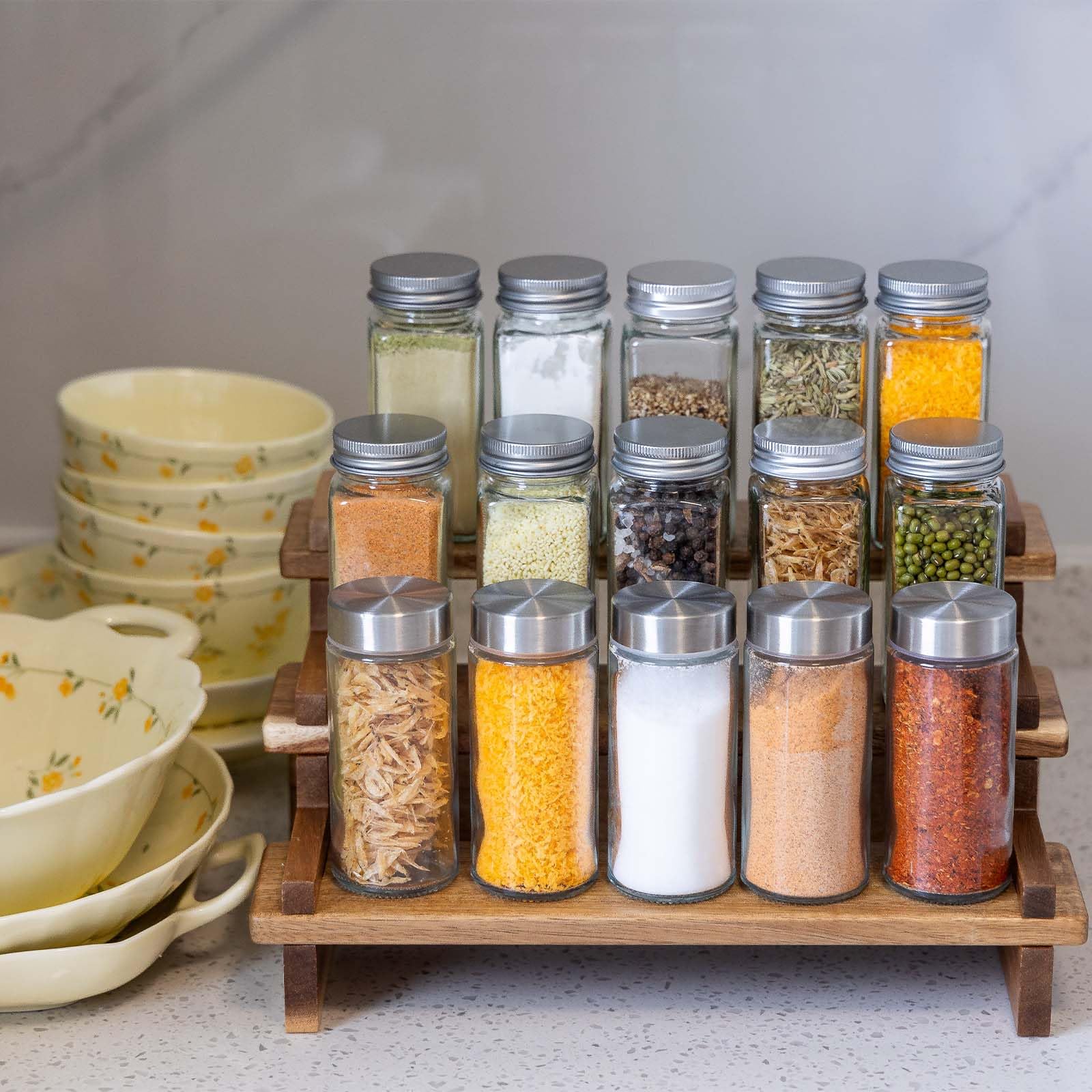 CROWNWOW tiered display adds warm decor to countertops and coffee tables.