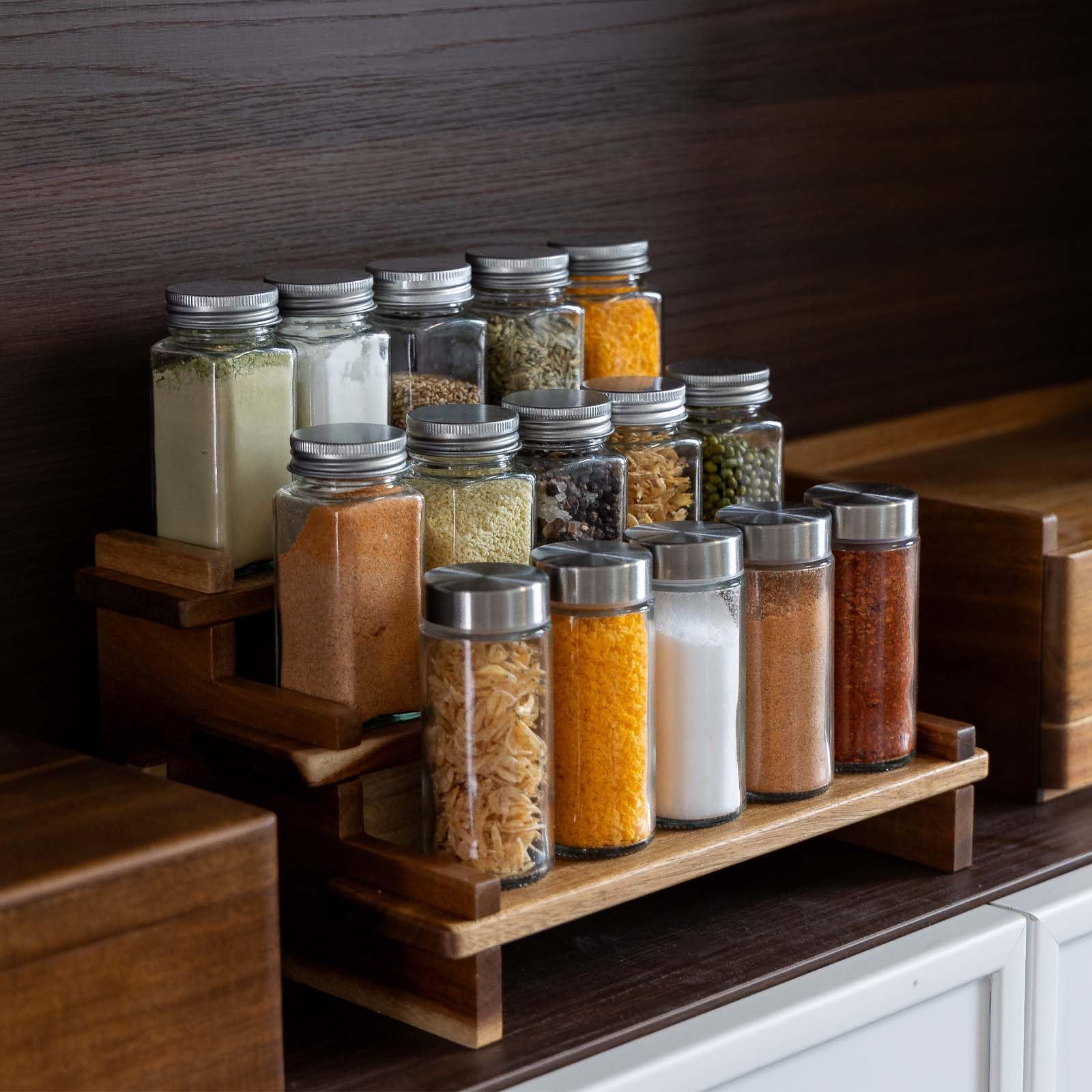 CROWNWOW wooden pantry rack keeps jars visible on kitchen shelves.