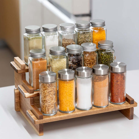 CROWNWOW acacia rack fits inside cabinets for compact, organized storage.