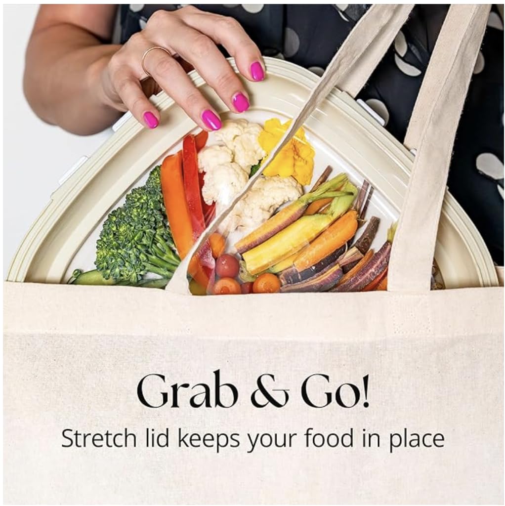 Crudités reversible lid snack trays showing secure seals for travel and on-the-go snacking.