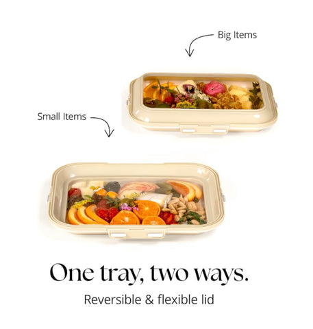Crudités stackable snack trays in cream white save fridge space and keep foods fresh.
