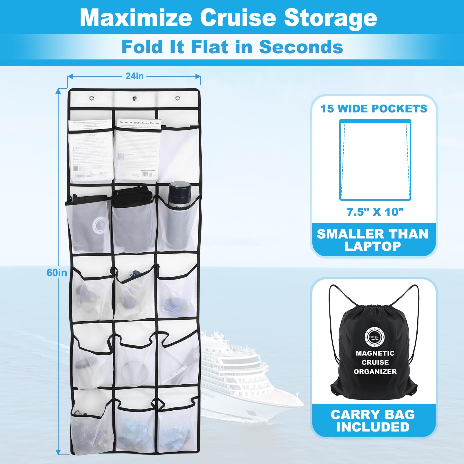 CruiSeaU durable clear vinyl pockets hold toiletries and small items.