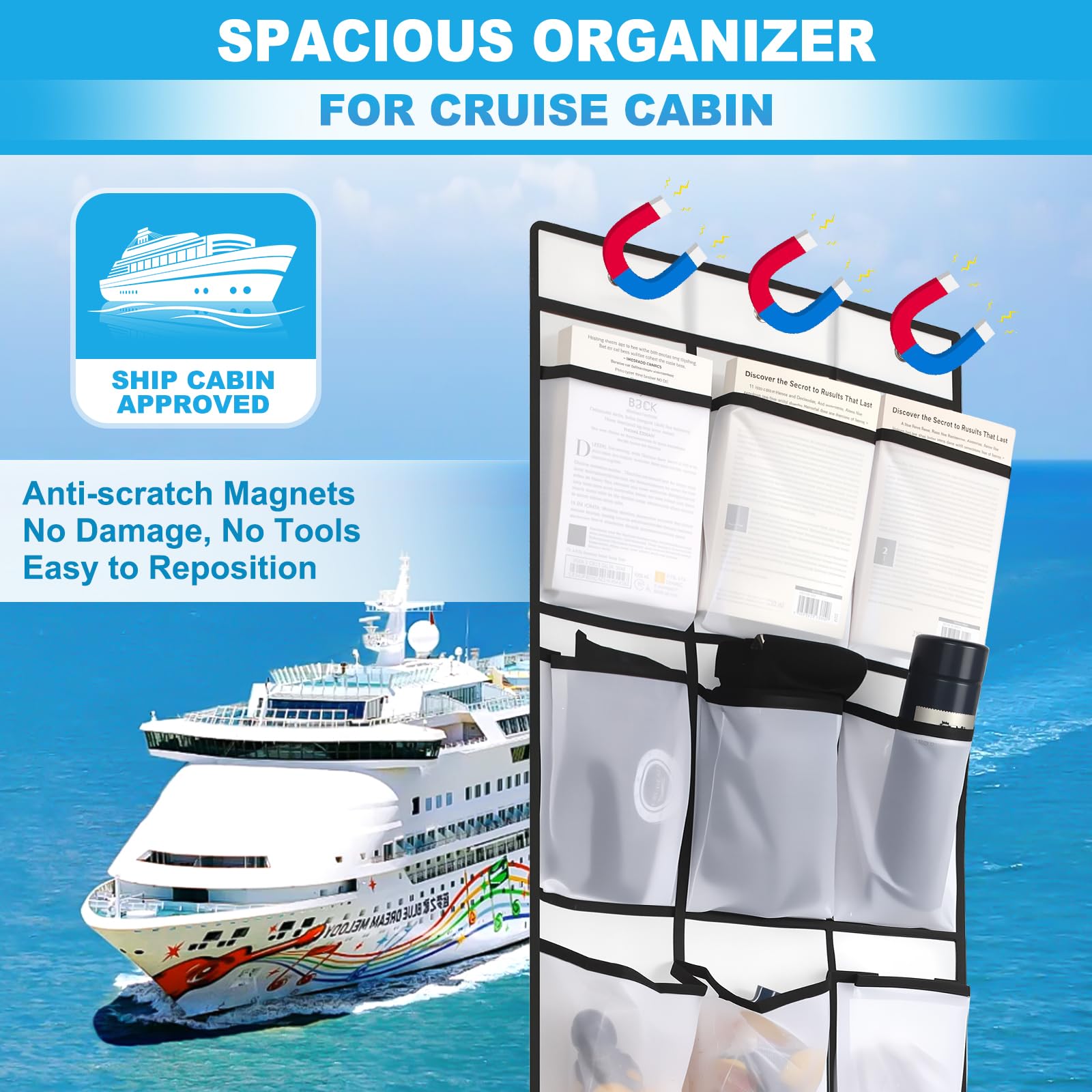 CruiSeaU over-the-door organizer hanging on a cabin door for convenient storage.