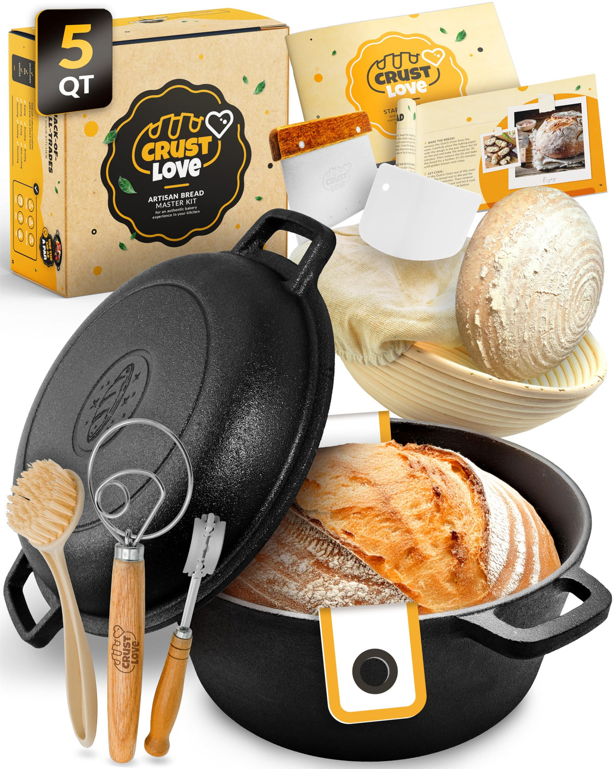 CRUSTLOVE cast iron Dutch oven with lid, even heat for crisp bread crust.