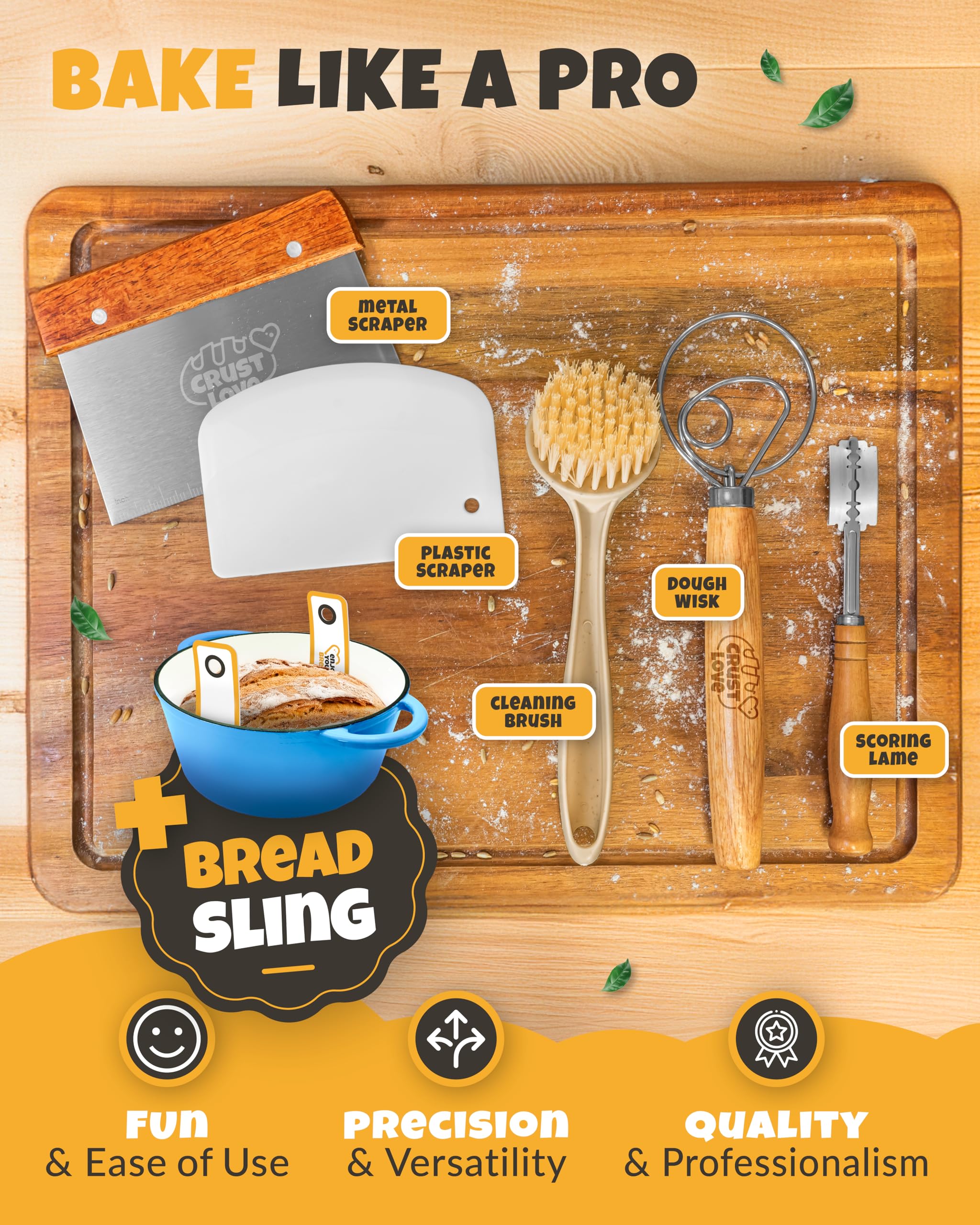 CRUSTLOVE dough whisk blends ingredients for consistent dough texture.