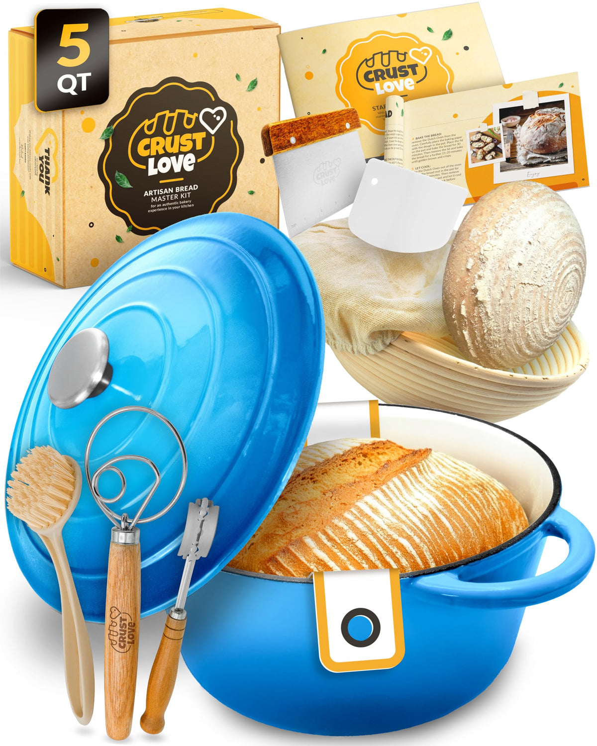 CRUSTLOVE enameled cast iron dutch oven with lid for even heat and crust perfection.
