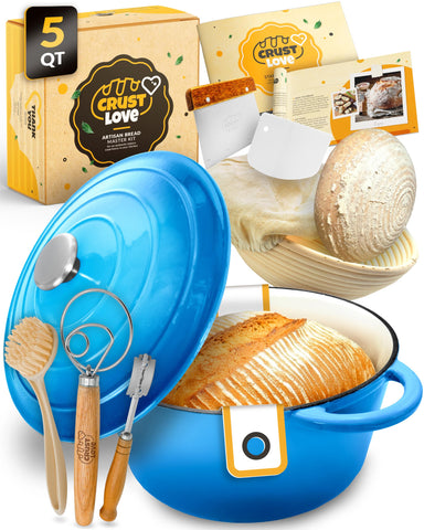CRUSTLOVE enameled cast iron dutch oven with lid for even heat and crust perfection.