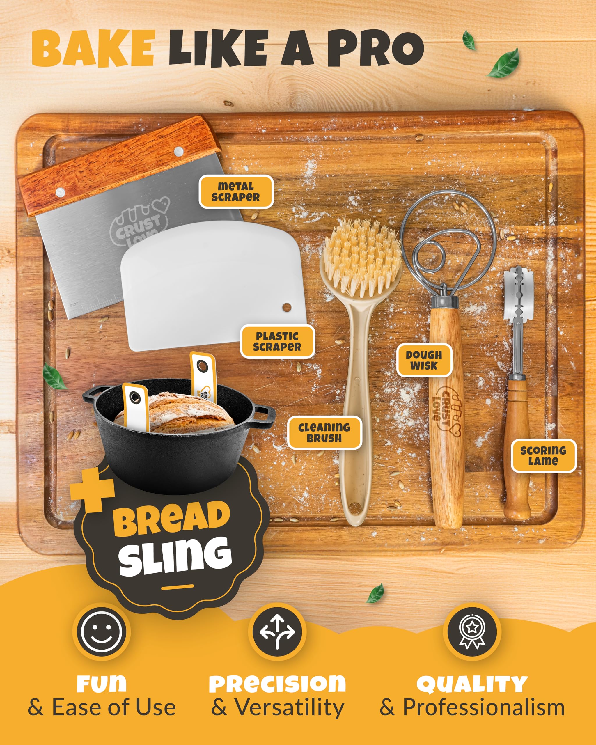 CRUSTLOVE silicone bead sling safely lifts hot bread from oven.