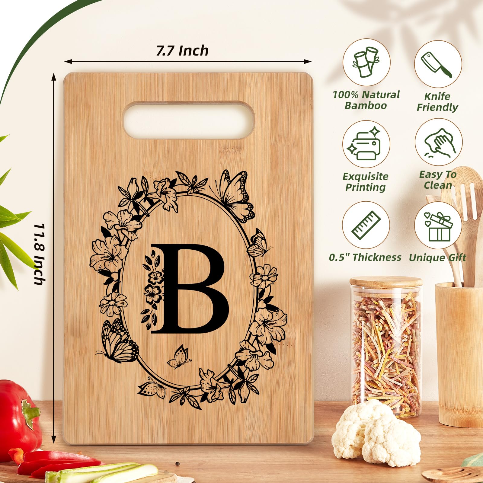 CryCarrot monogram cutting board close-up highlighting natural bamboo grain