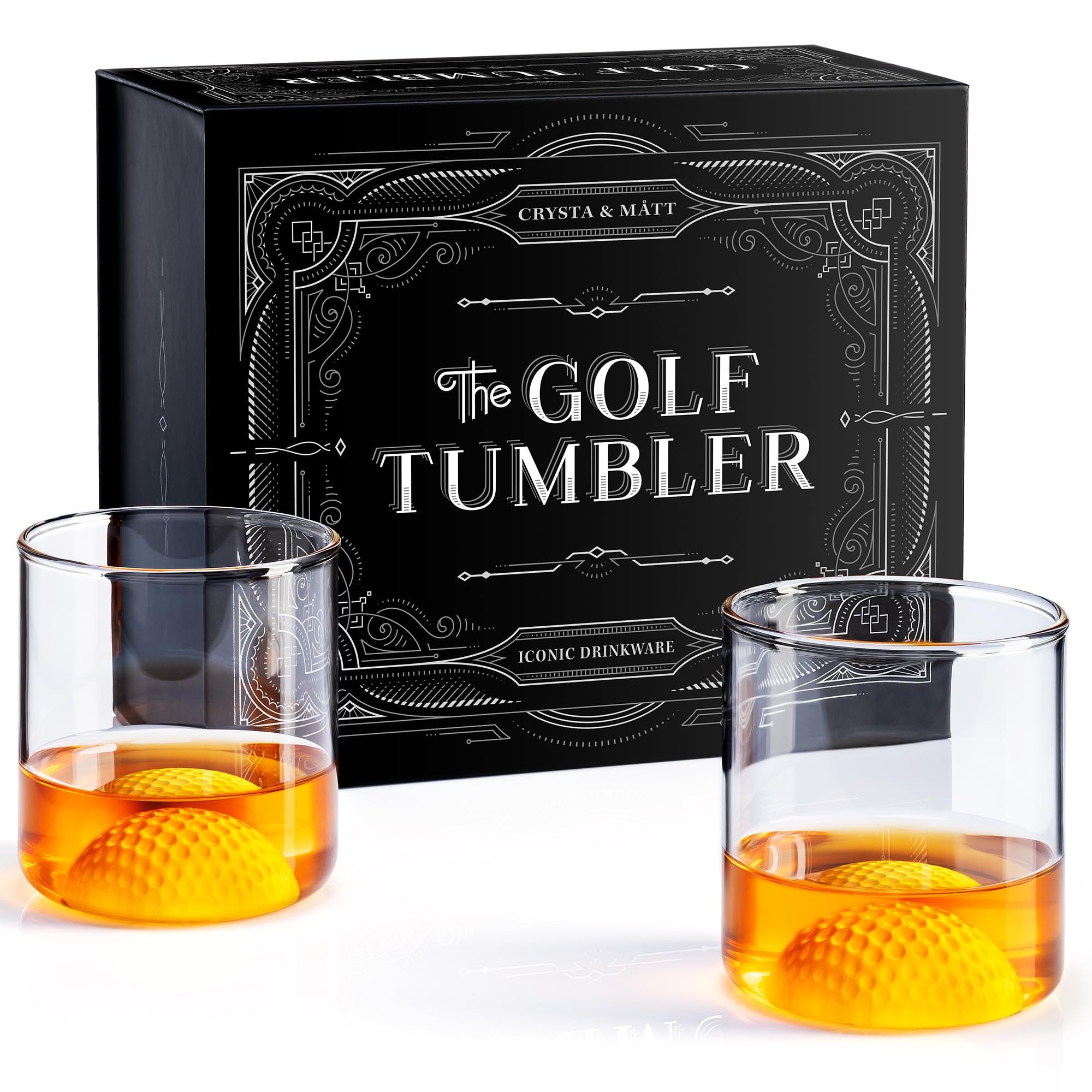 CRYSTA & MÅTT golf-ball shot glasses base—the premium lounge centerpiece.
