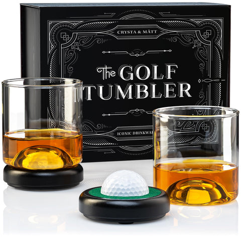 CRYSTA & MÅTT golf whiskey glass base with embedded golf ball for premium feel.