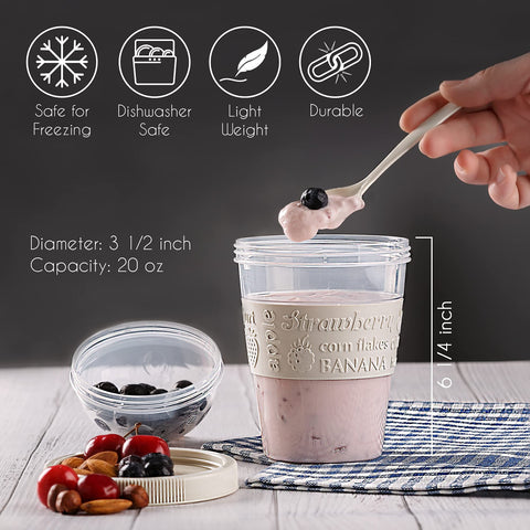 Crystalia 20 oz on-the-go cups stay fresh for yogurt or cereal during travel.