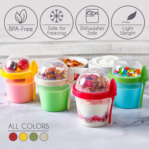 Crystalia on-the-go snack cups with spoon keeping toppings organized.