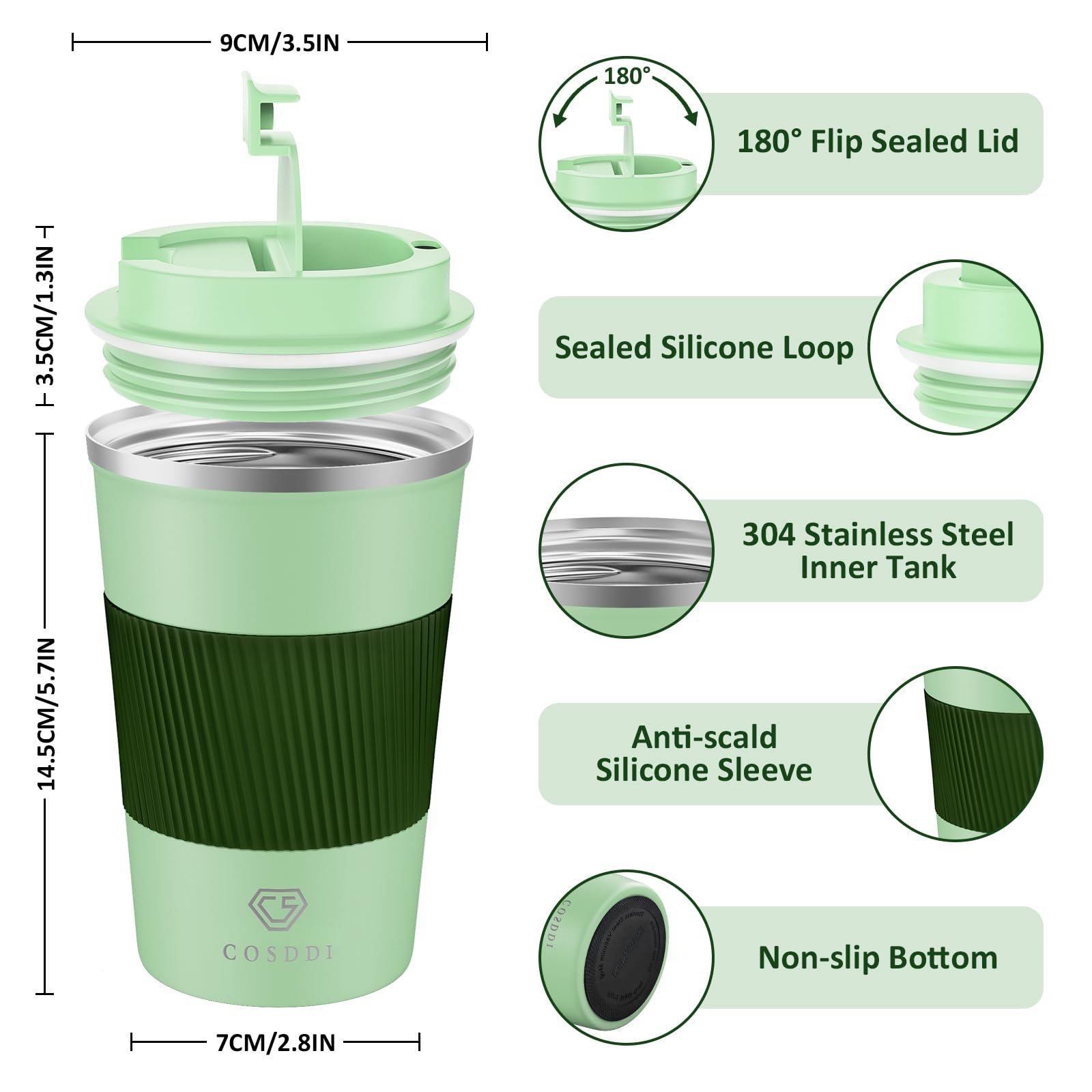 CS COSDDI 12oz tumbler with lid closed, leak-proof seal keeps drinks secure on the go.