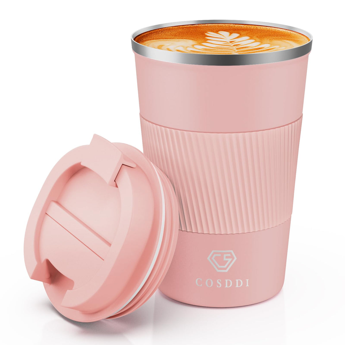 CS COSDDI 12oz tumbler in light pink keeps beverages hot or cold on the go.