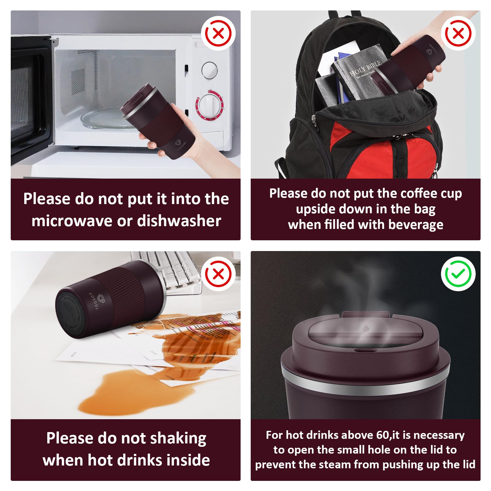 CS COSDDI tumbler with spill-proof lid and vent for controlled pouring.