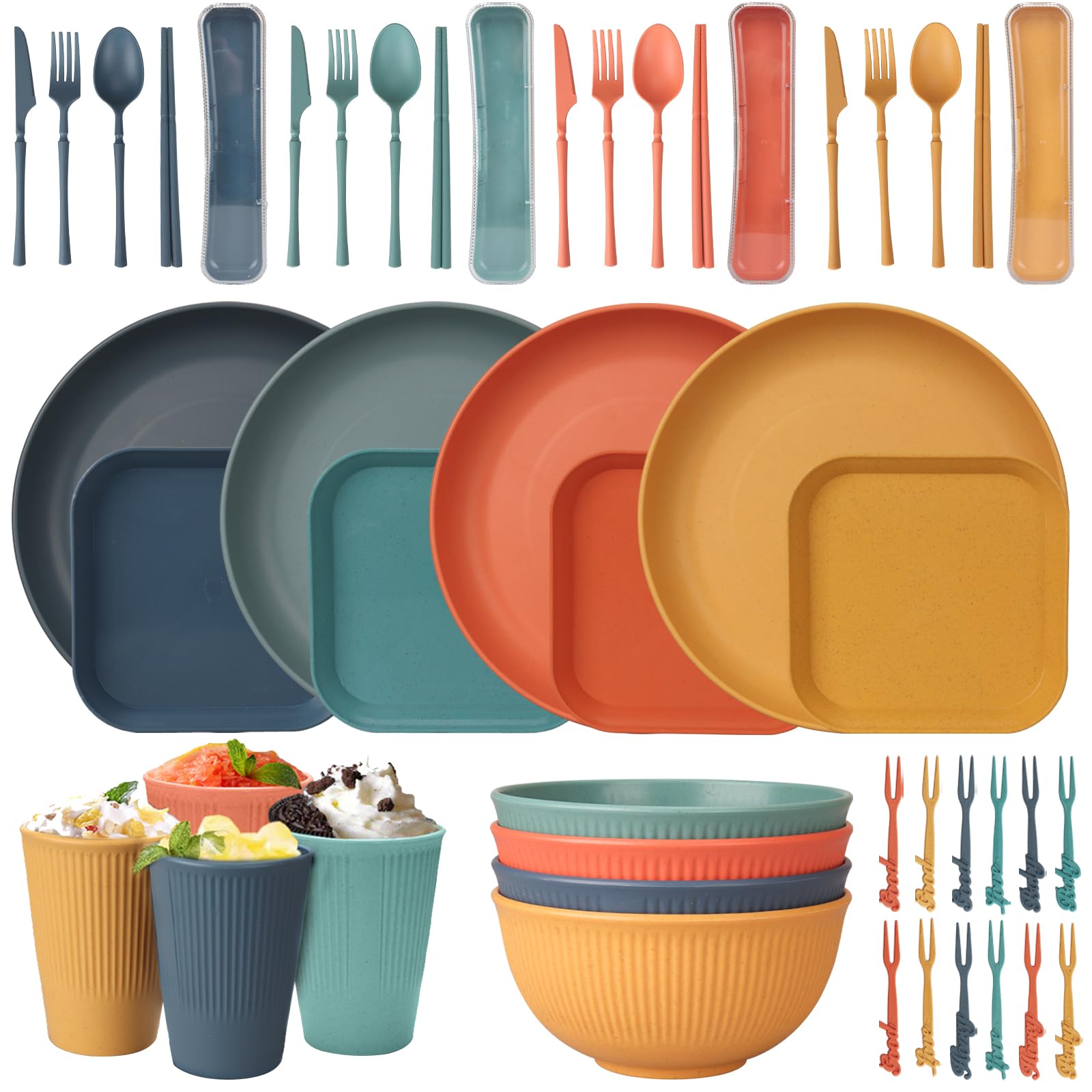 CSYY 48-piece unbreakable dinnerware set with plates and bowls for camping and travel.