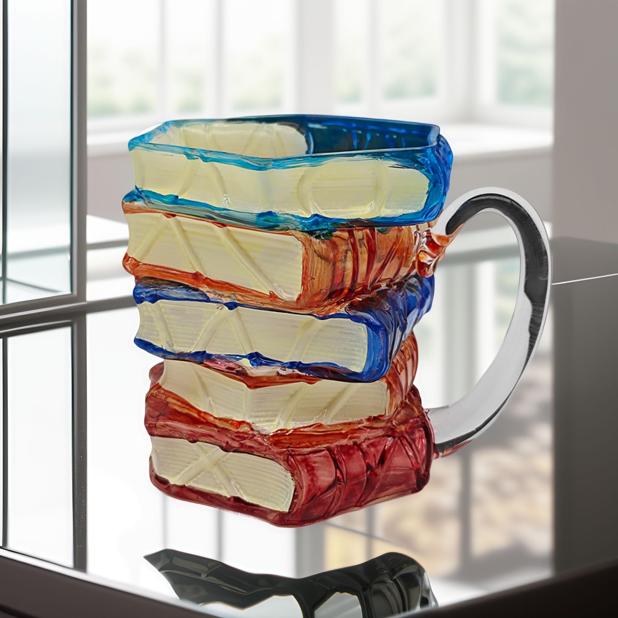 Book-spine silhouette gives a vintage library vibe during coffee breaks.