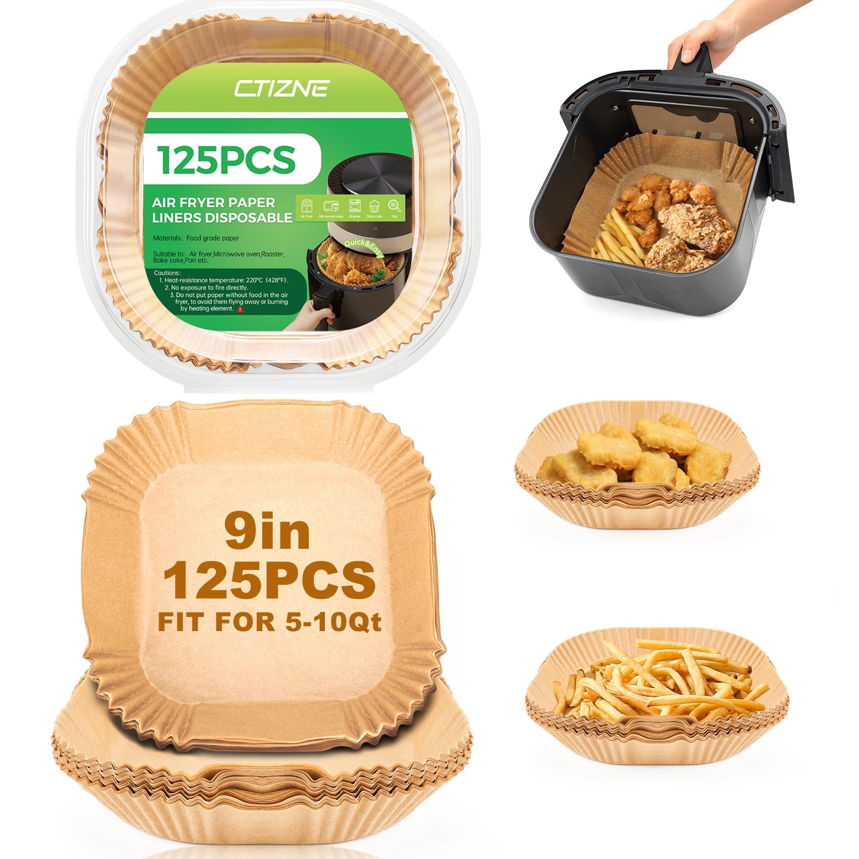 Ctizne disposable air fryer liners in 125-pack for quick cleanup and mess-free cooking.