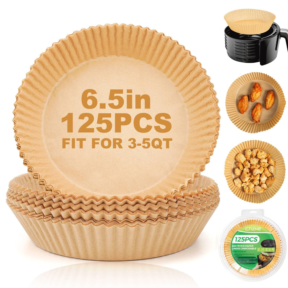 Ctizne packaging shows 125 disposable air fryer liners for easy meal prep