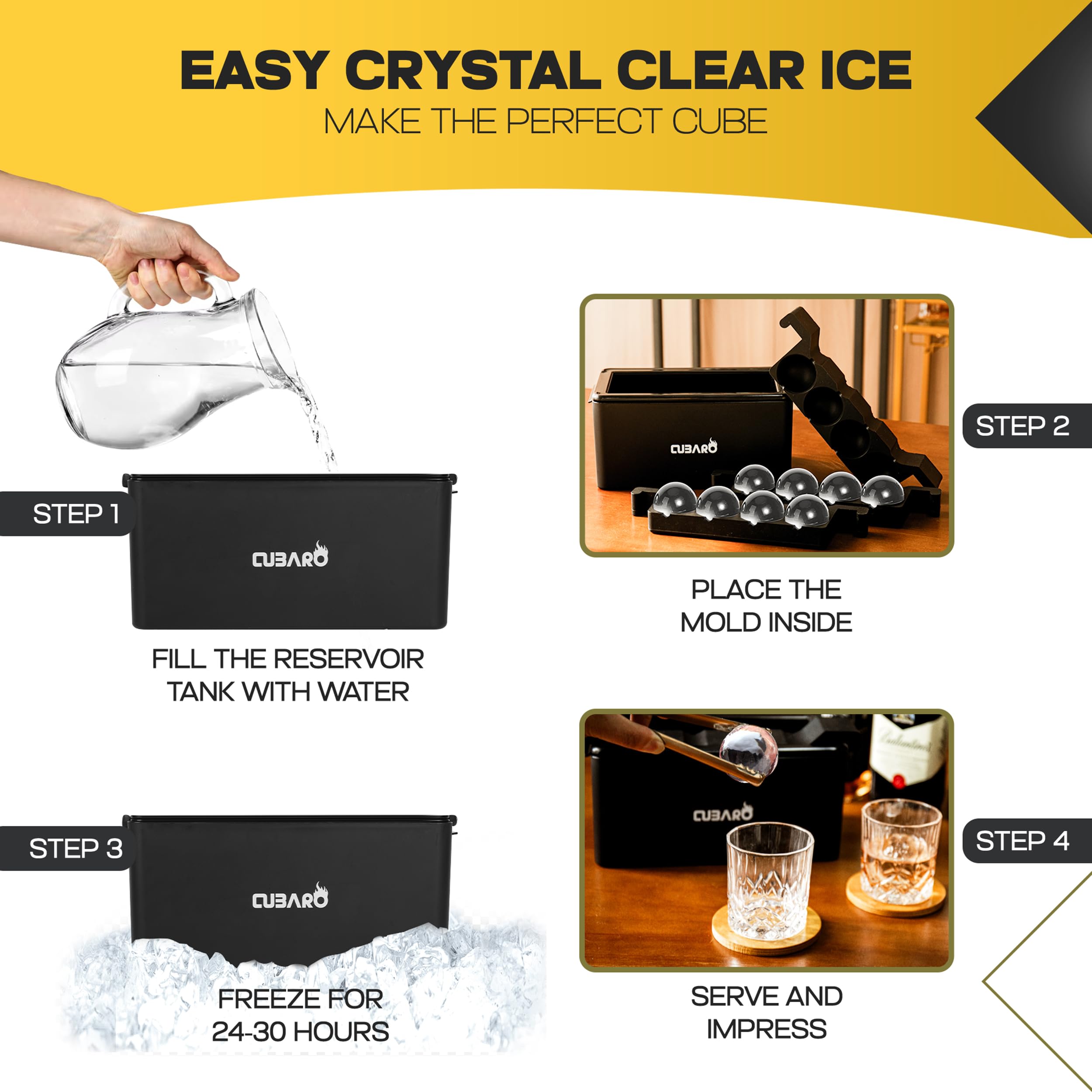 CUBARO hard-shell ice ball mold in a freezer-ready setup.