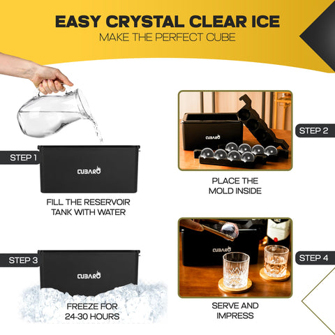 CUBARO hard-shell ice ball mold in a freezer-ready setup.