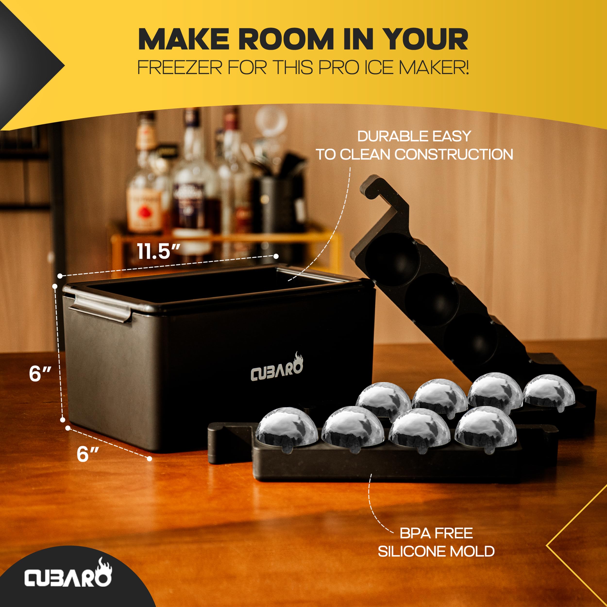 CUBARO slow-melt ice balls enhancing cocktail presentation and chill.