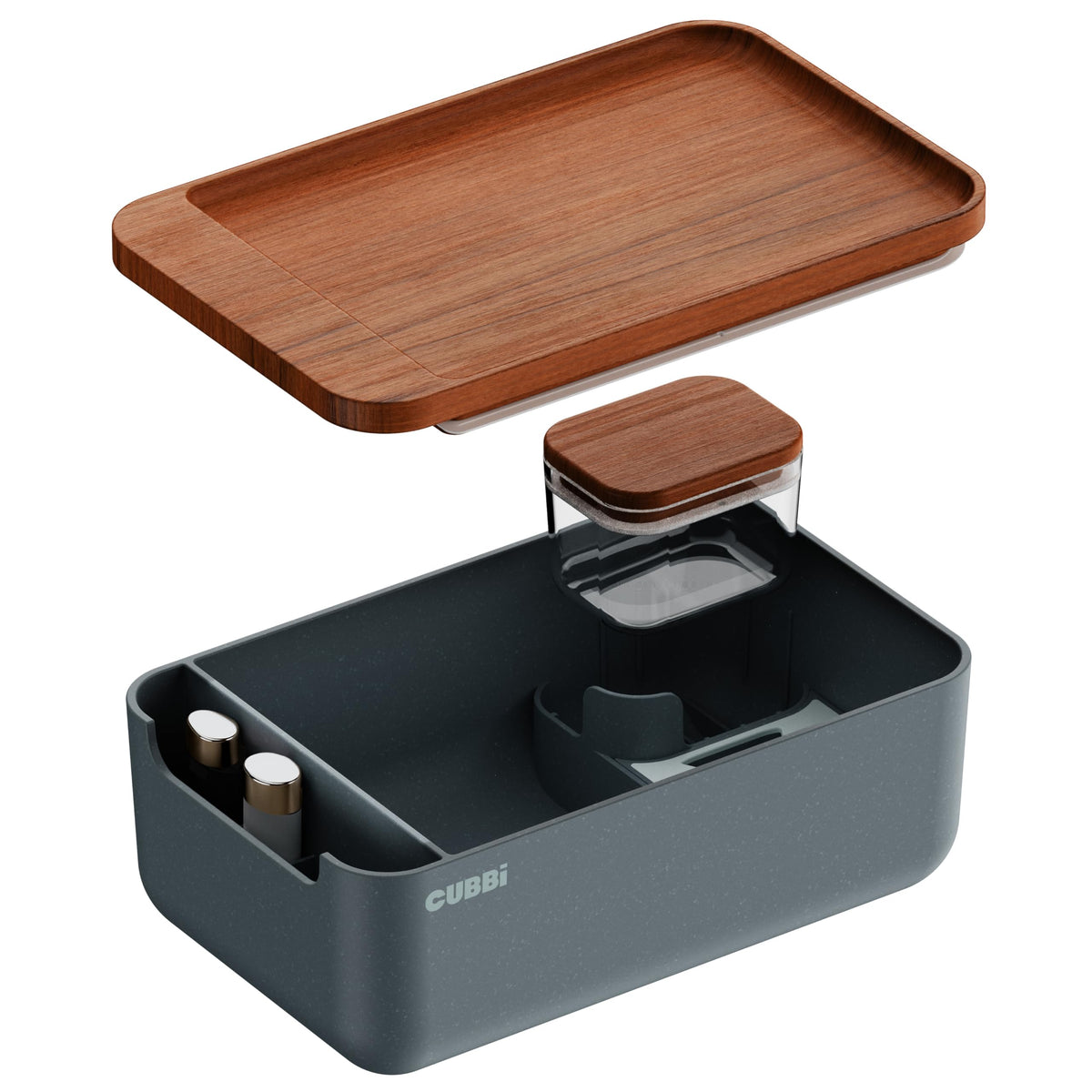 Cubbi airtight box with tray in gray, front view with dual seals for secure storage.