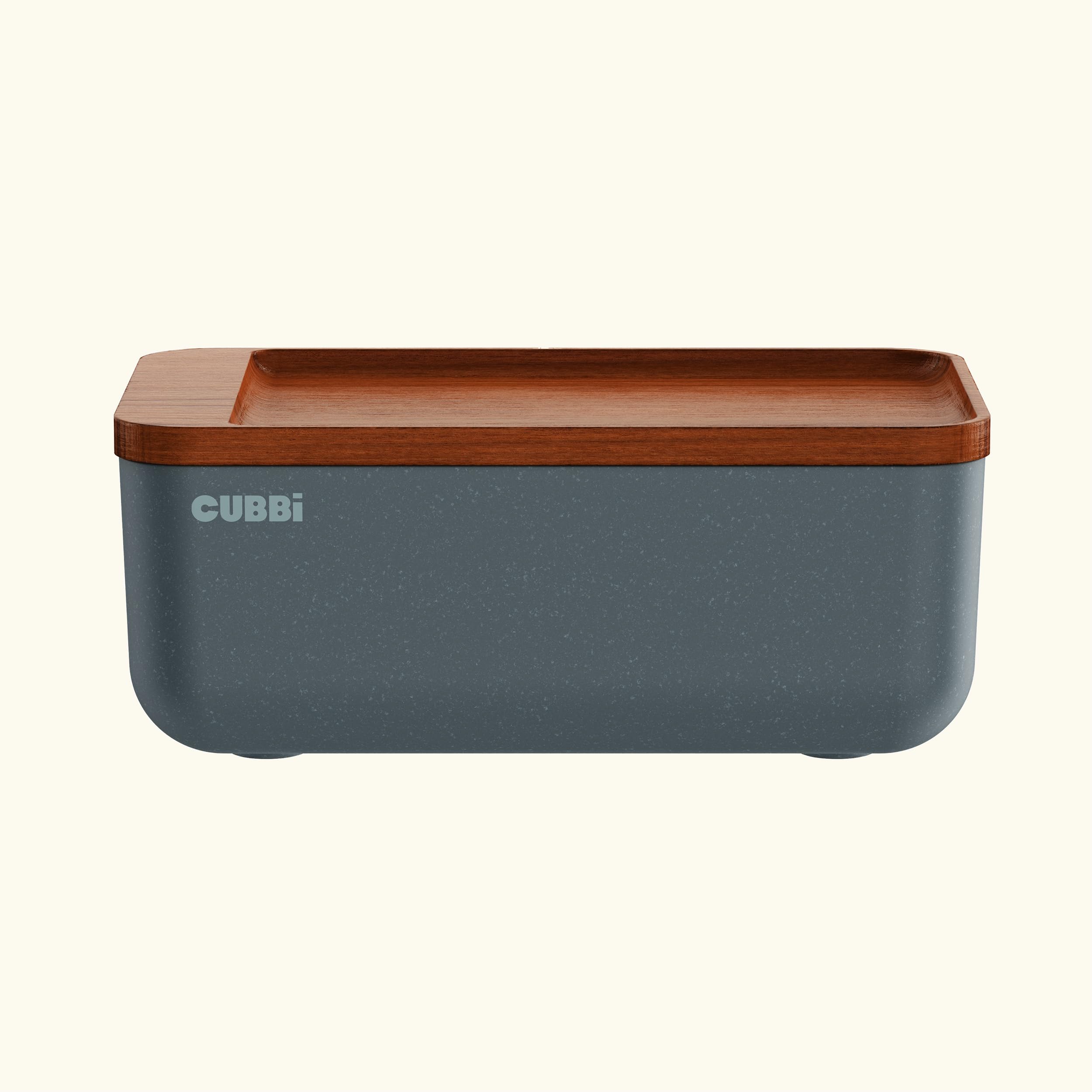 Cubbi gray unit on kitchen counter demonstrates compact, organized storage.