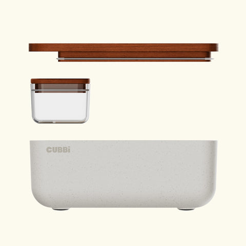 Cubbi premium hardwood tray for prep and easy access.