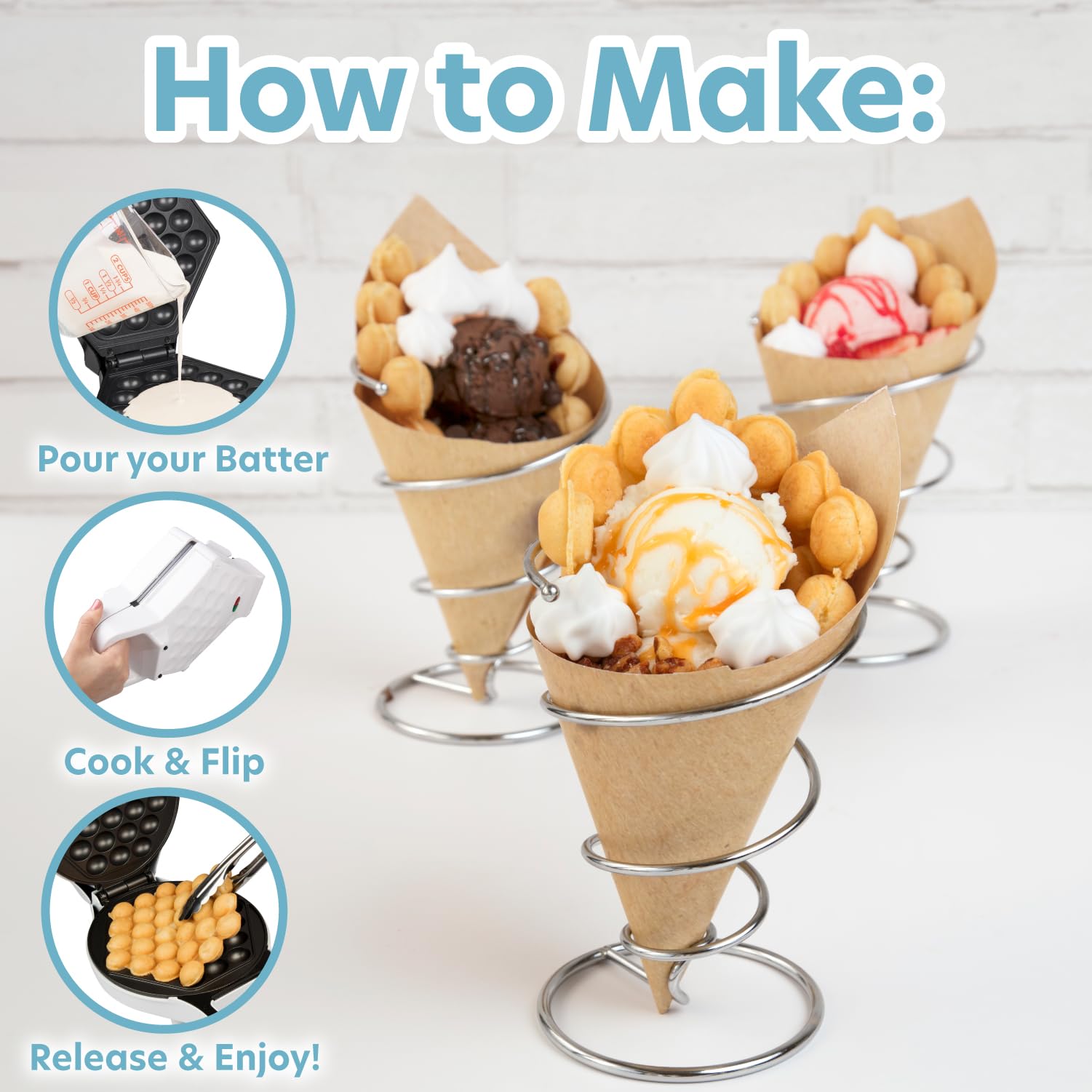 Hexagon bubble waffle pattern cooks evenly and quickly