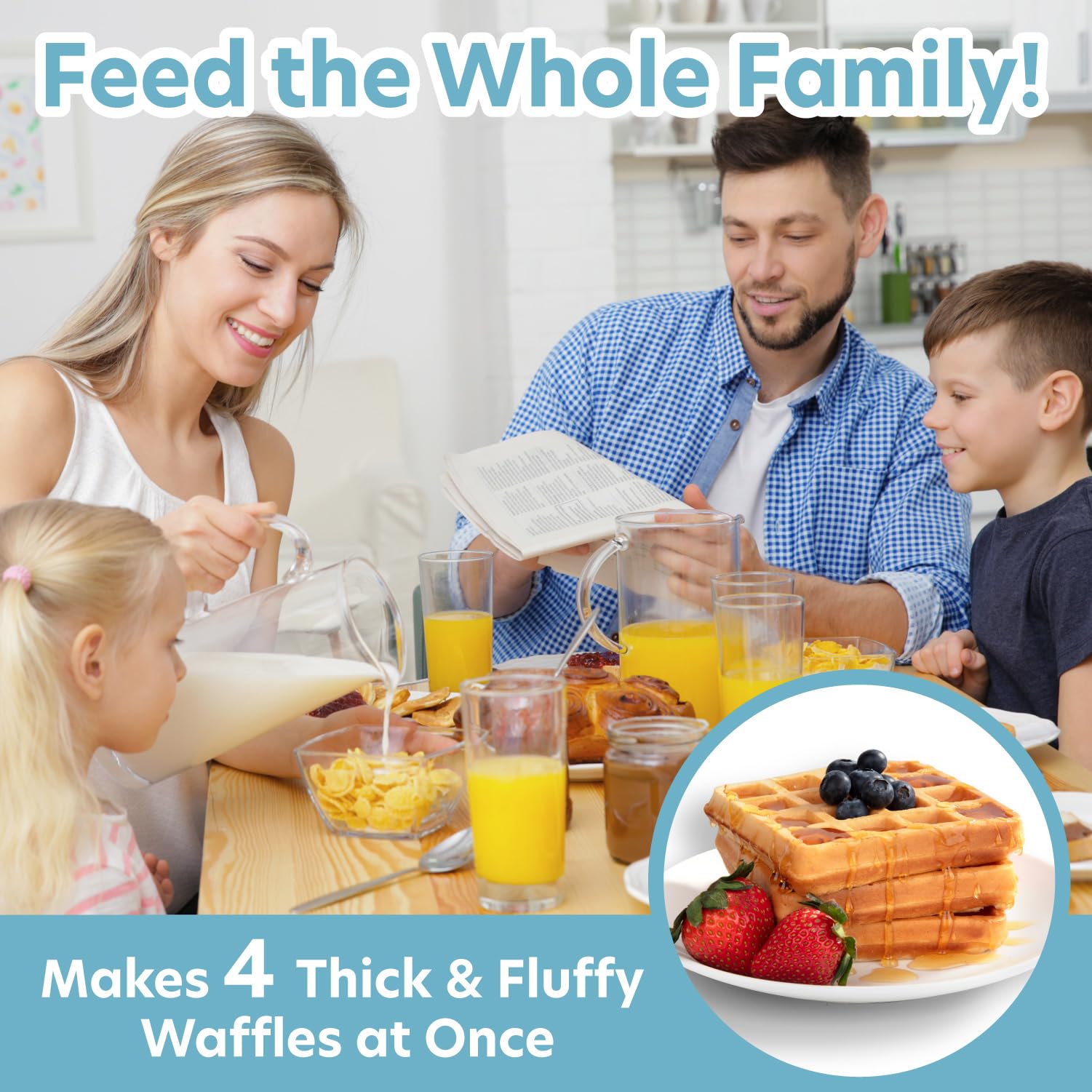 CucinaPro four-slice waffle maker stores upright to save counter space.