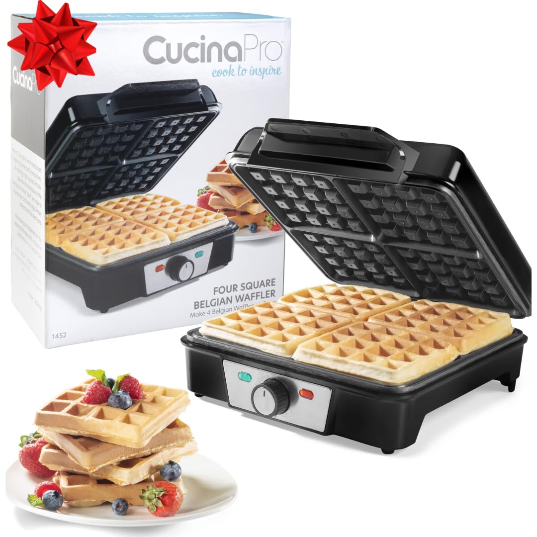 CucinaPro four-square Belgian waffle maker ideal for large family breakfasts.