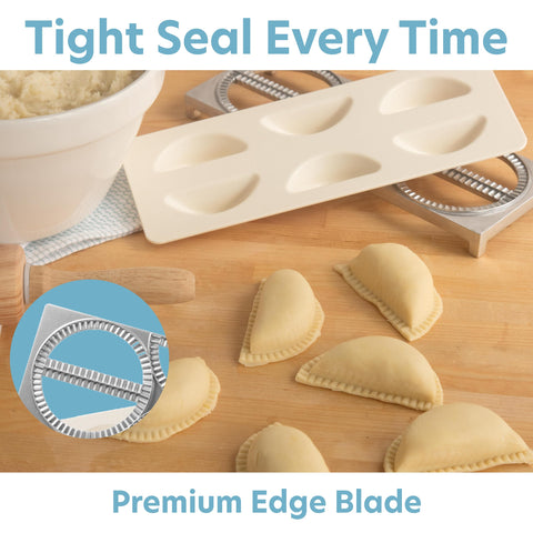 CucinaPro Pierogi Maker assembly with press for uniform shapes.