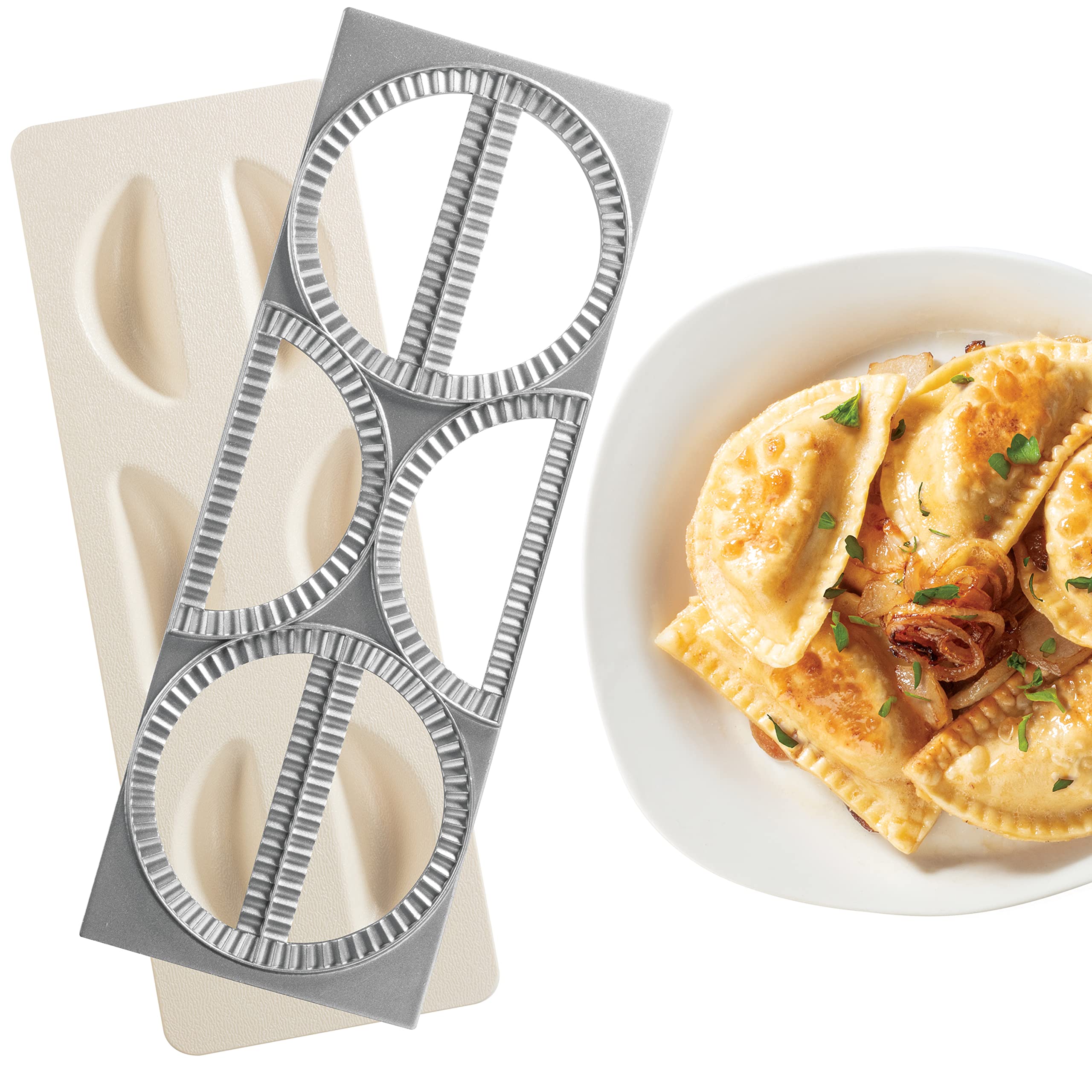 CucinaPro Pierogi Maker with tray-press creates six dumplings at once.
