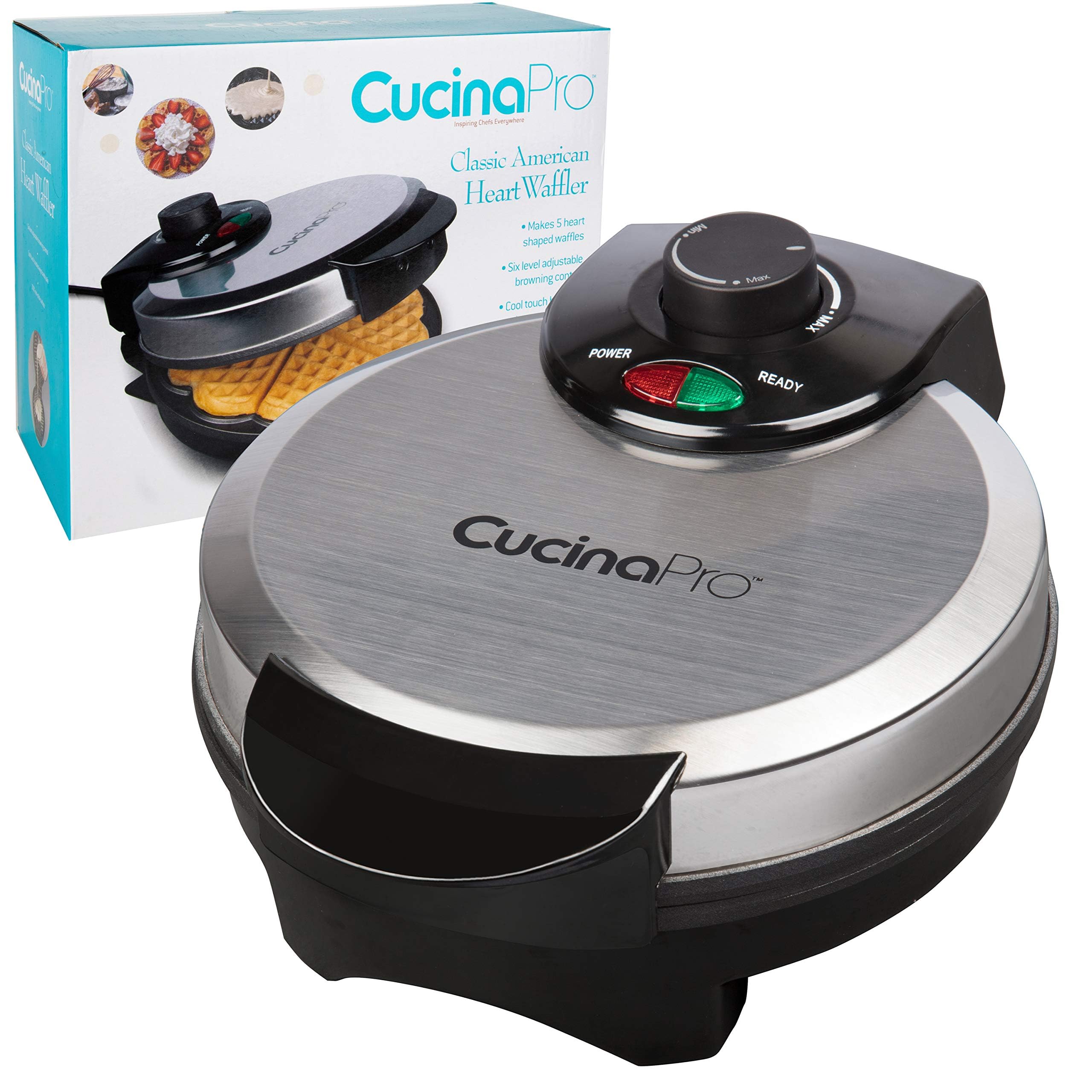 CucinaPro seven-inch round waffle option can be separated into five hearts for serving