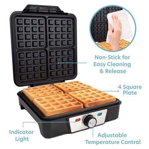 CucinaPro waffle iron with nonstick plates for easy release and cleaning.