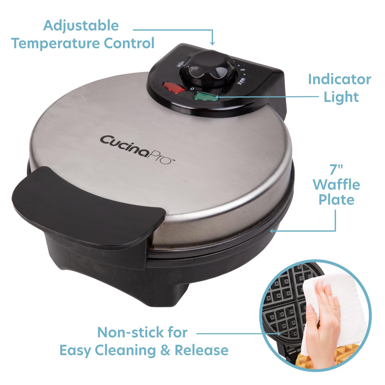 Cucina Pro waffle maker showing adjustable browning control for perfect crust.